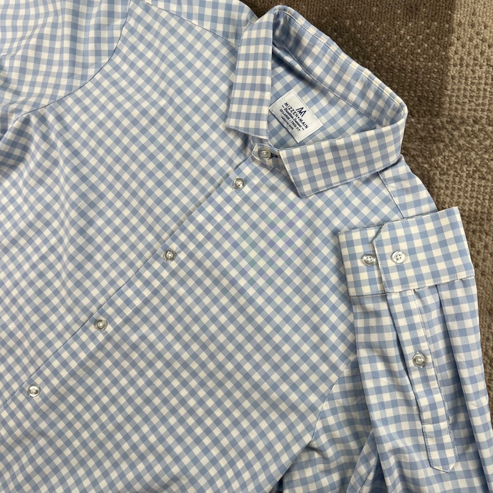 Mizzen+Main Mens XXL Trim Fit Blue‎ White Gingham Performance Button Down Shirt